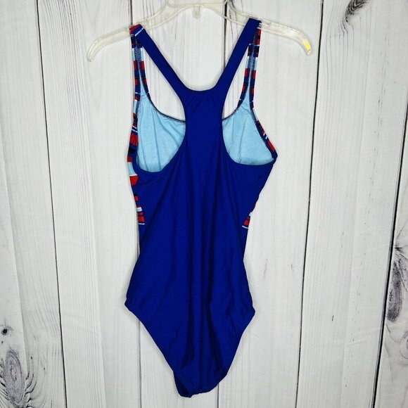 Maxine of Hollywood Swimsuit 16 Striped One-Piece Blue Red White Racerback - Picture 4 of 6